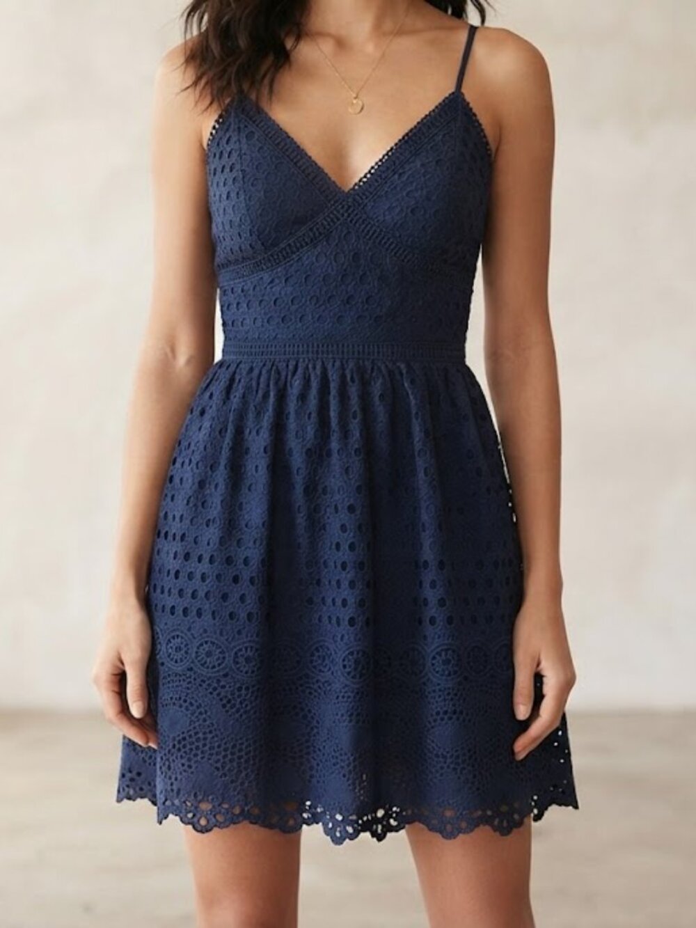 Navy Blue Eyelet Lace Mini Dress